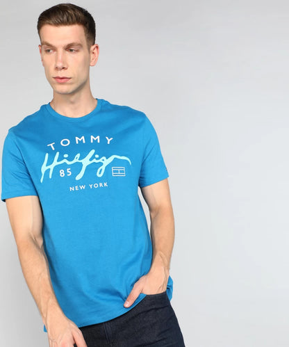 TOMMY HILFIGER Typography Round Neck Pure Cotton Blue T-Shirt