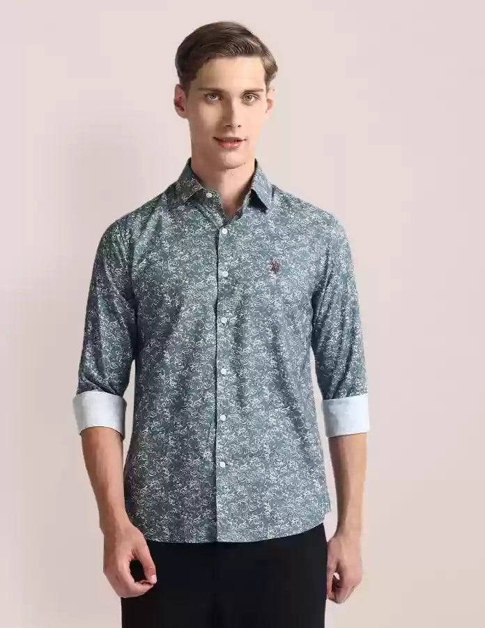 USPA Men Regular Fit Printed Spread Collar Casual Shirt